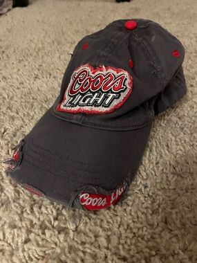 Y2K Era Coors Light Distressed Baseball Cap - Charcoal with Red Accents